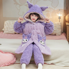 中大童女孩中长款套装女童睡衣冬季三层夹棉保暖法兰绒加厚睡袍