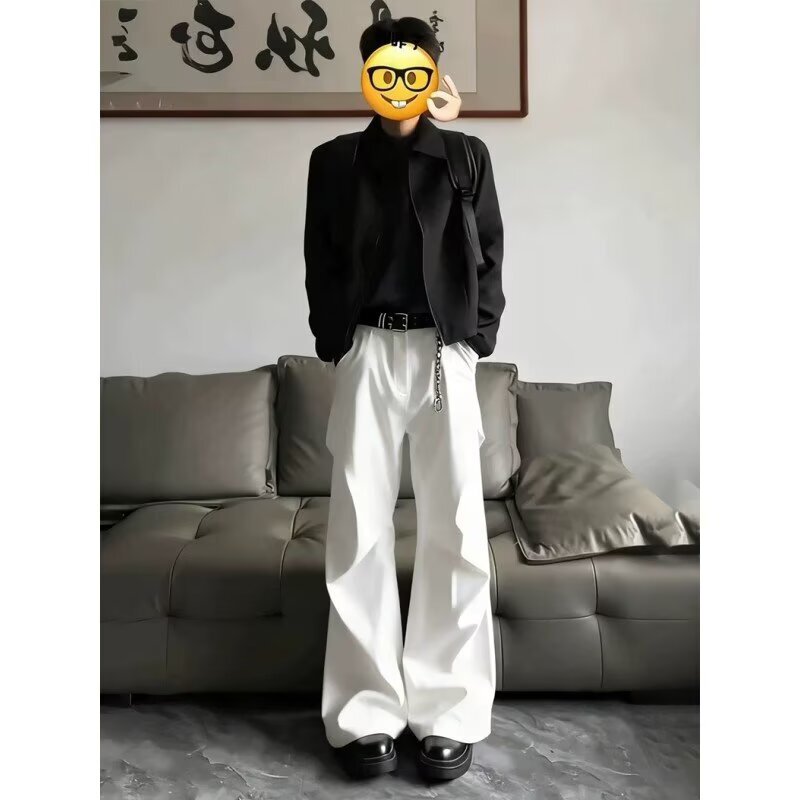 Men's White American-Style Pleated Trousers with a Slight Flare, Drapey Straight-Leg Pants, Extended Wide-Leg Casual Pants