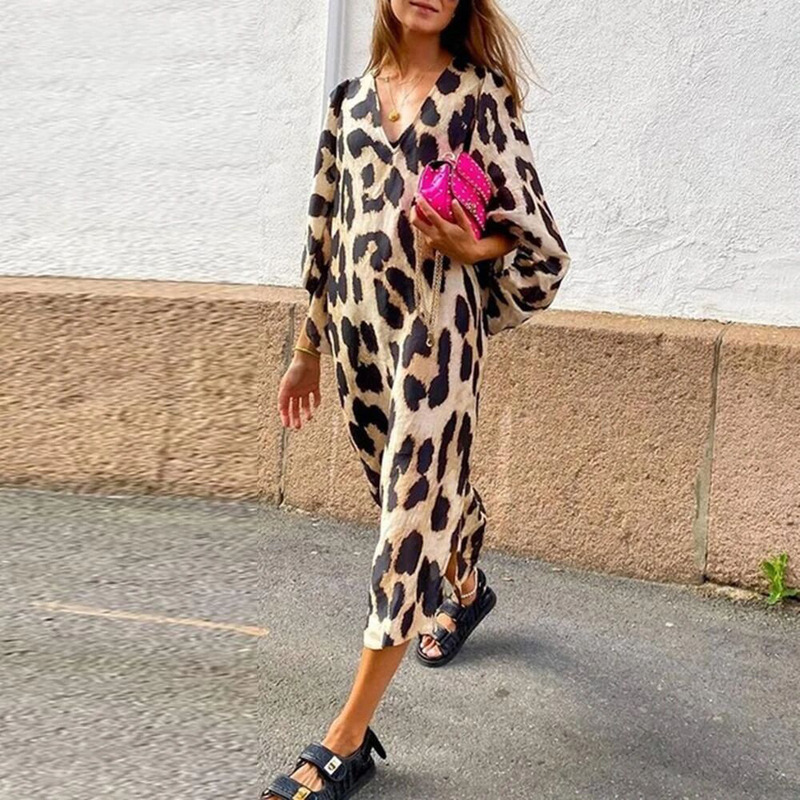 2026 Amazon Ebay New Spring and Autumn Long V-Neck Loose Lantern Sleeve Leopard Print Dress Long Skirt