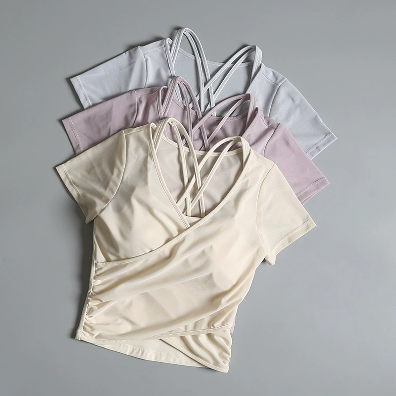 Стильные топы для йоги для женщин с мягкой подкладкой, футболки с короткими рукавами, искусственные двухсекционные красивые спины, быстросохнущая спортивная одежда для бега и фитнеса