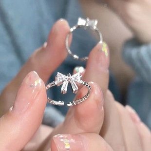 "Time Princess" girl heart all-match sweet temperament silver bow open ring adjustable ring