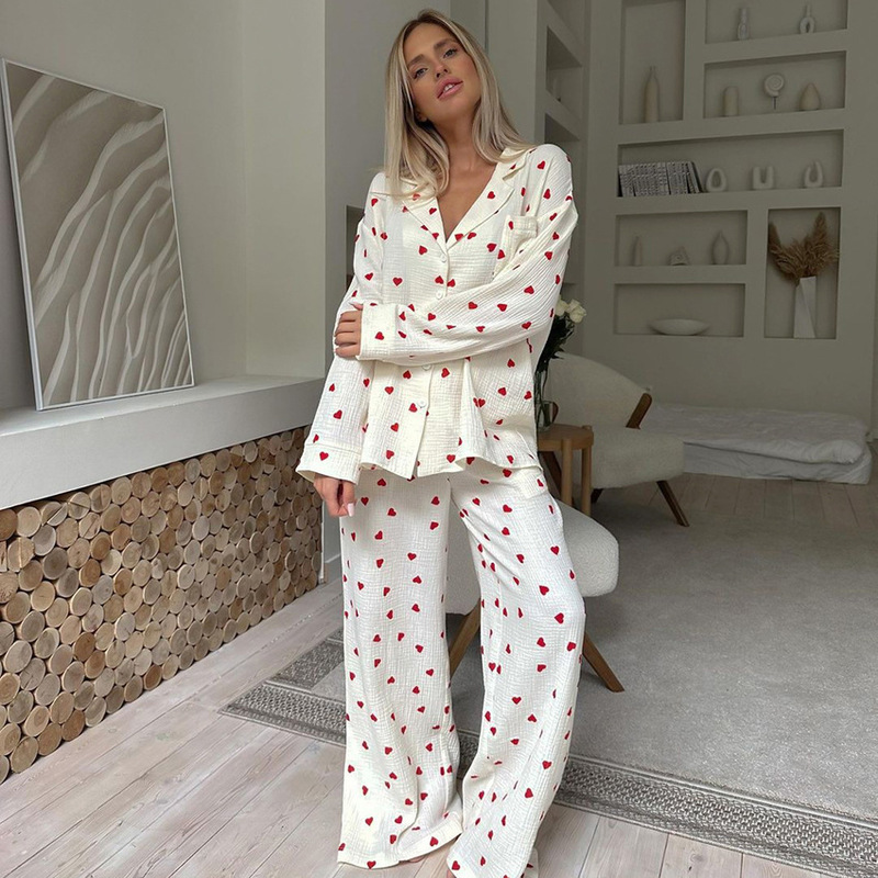 European and American Spring/Summer 2026 Breathable Pure Cotton Heart Print Women's Loungewear Loose Long-Sleeve Long-Pants Pajama Set
