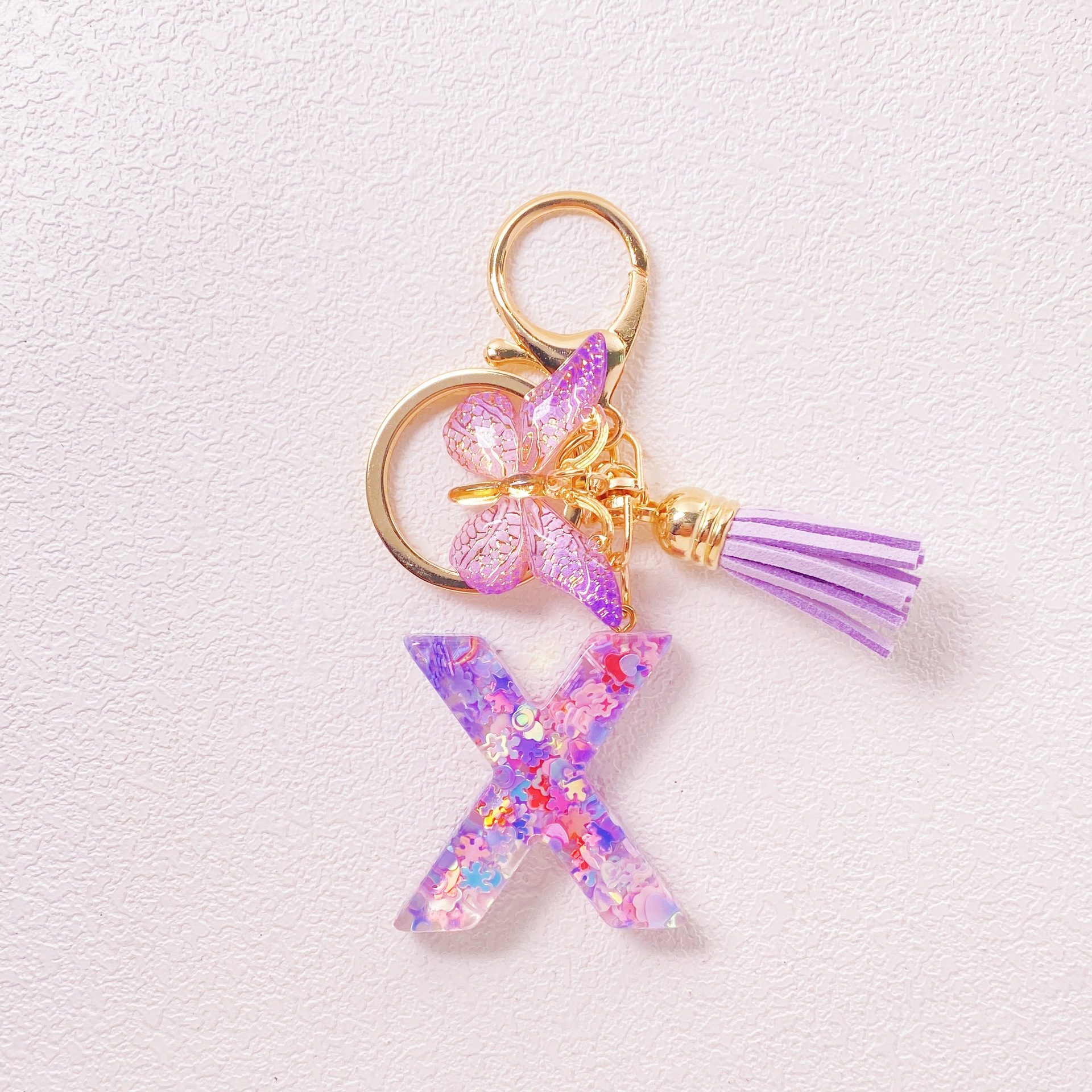 20g Weight Sequins Inlay Material Keychain Classification Daily Occasion Epoxy Material Letter, Butterfly Pattern Women's Gender Sweet Style Purple Color Letter Butterfly Keychain Epoxy Sequins Women's Sweet Keychain 25