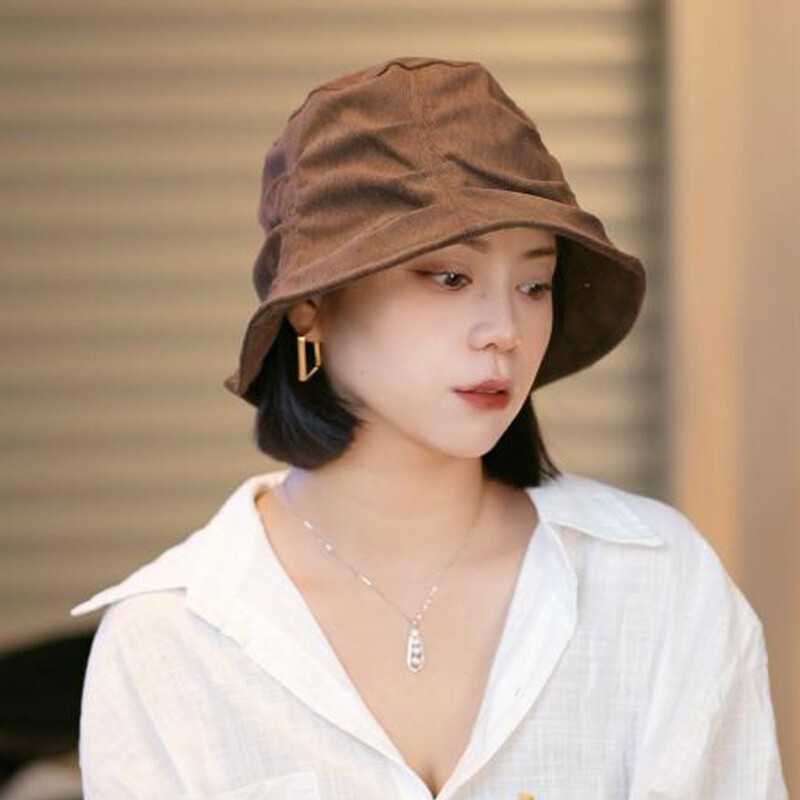 灯芯绒渔夫帽女2025新款复古褶皱遮阳盆帽秋冬季百搭显脸小水桶帽|undefined