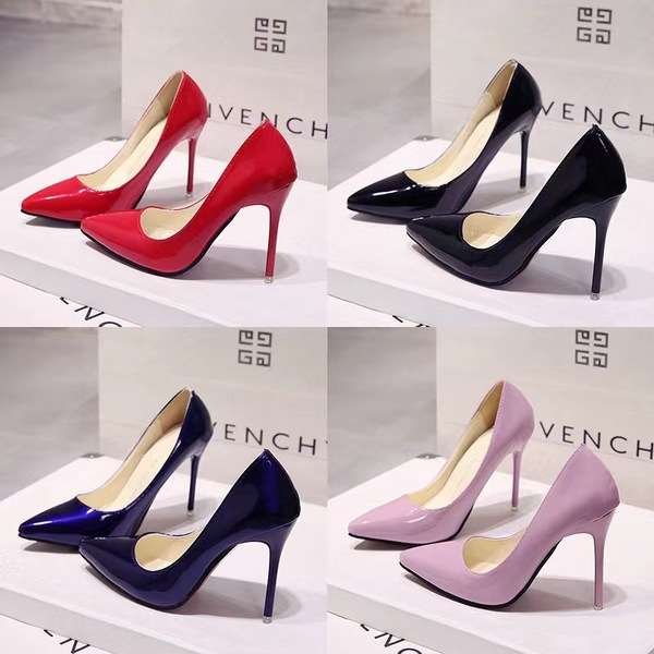 Black blue high heels nude heels pointed-toe made of patent leather