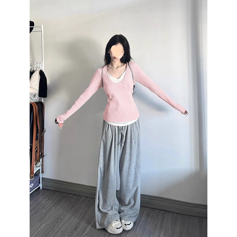 Корейские костюмы женские осенние розовые поддельные два трикотажа с длинными рукавами и свободные широкие брюки