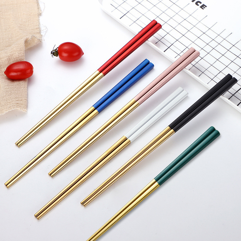 304 Stainless Steel Chopsticks Household 23cm All-square Chopsticks Chinese Hotel Non-slip 8 Centigrade Black Gold Chopsticks Five Pair Gift Set