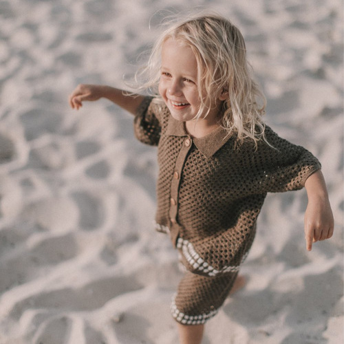 2025 Summer Baby Lace-Trimmed Collar Knit Crochet Cardigan Top + Shorts Set Baby Sweater Separate Boy