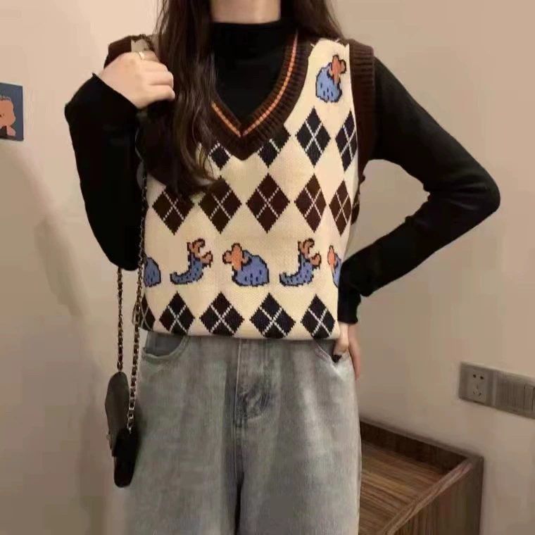 Жилет женский весенне-осенний винтажный свободный Внешний пояс ромбическое вязаное пальто с наборным воротником свитер-топ 2023