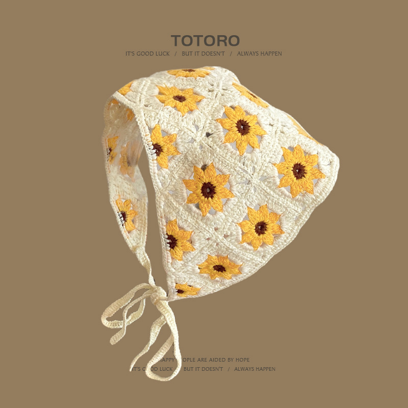 Francia cereza toallas triangulares mujeres primavera y otoño viajes padres-hijos gancho de punto flores hueco pañuelo de arte correa de pelo gorro