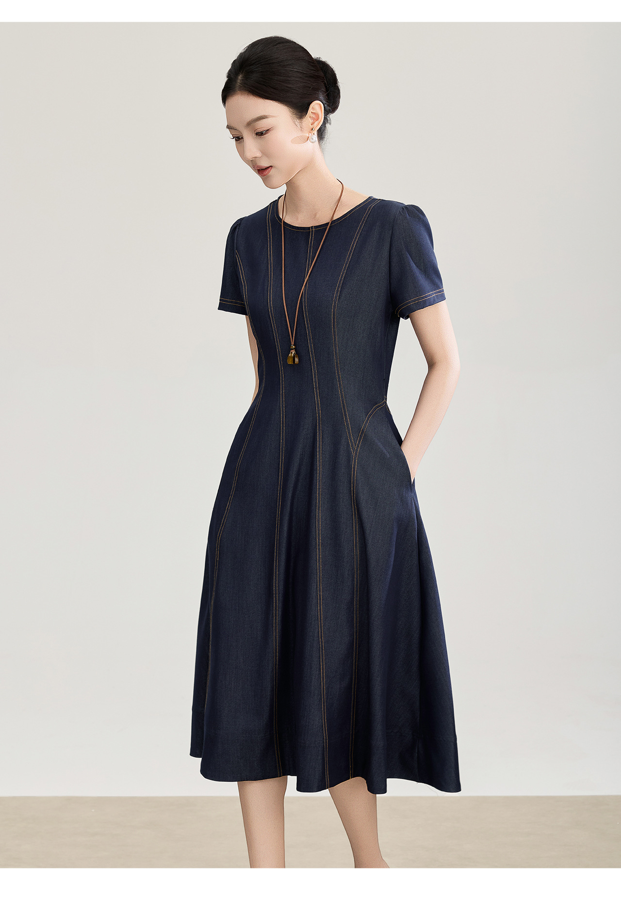 Đầm denim nữ tay ngắn thắt eo phong cách vintage chất liệu tencel cotton thoáng mát — màu xanh đậm chi tiết 14
