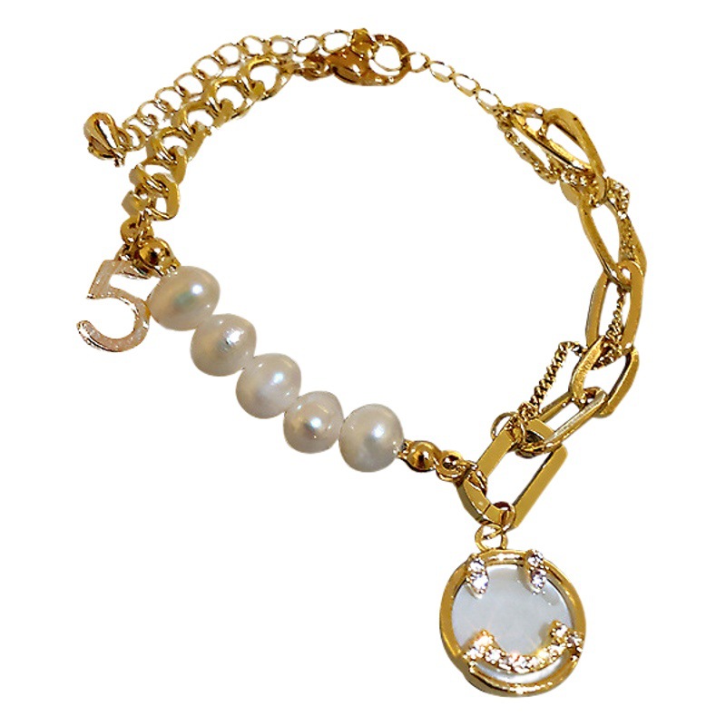 Dongdaemun ins nicho luz temperamento de lujo pulsera para mujeres Corea del sur de agua dulce perla diamante incrustado cara sonriente pulsera digital