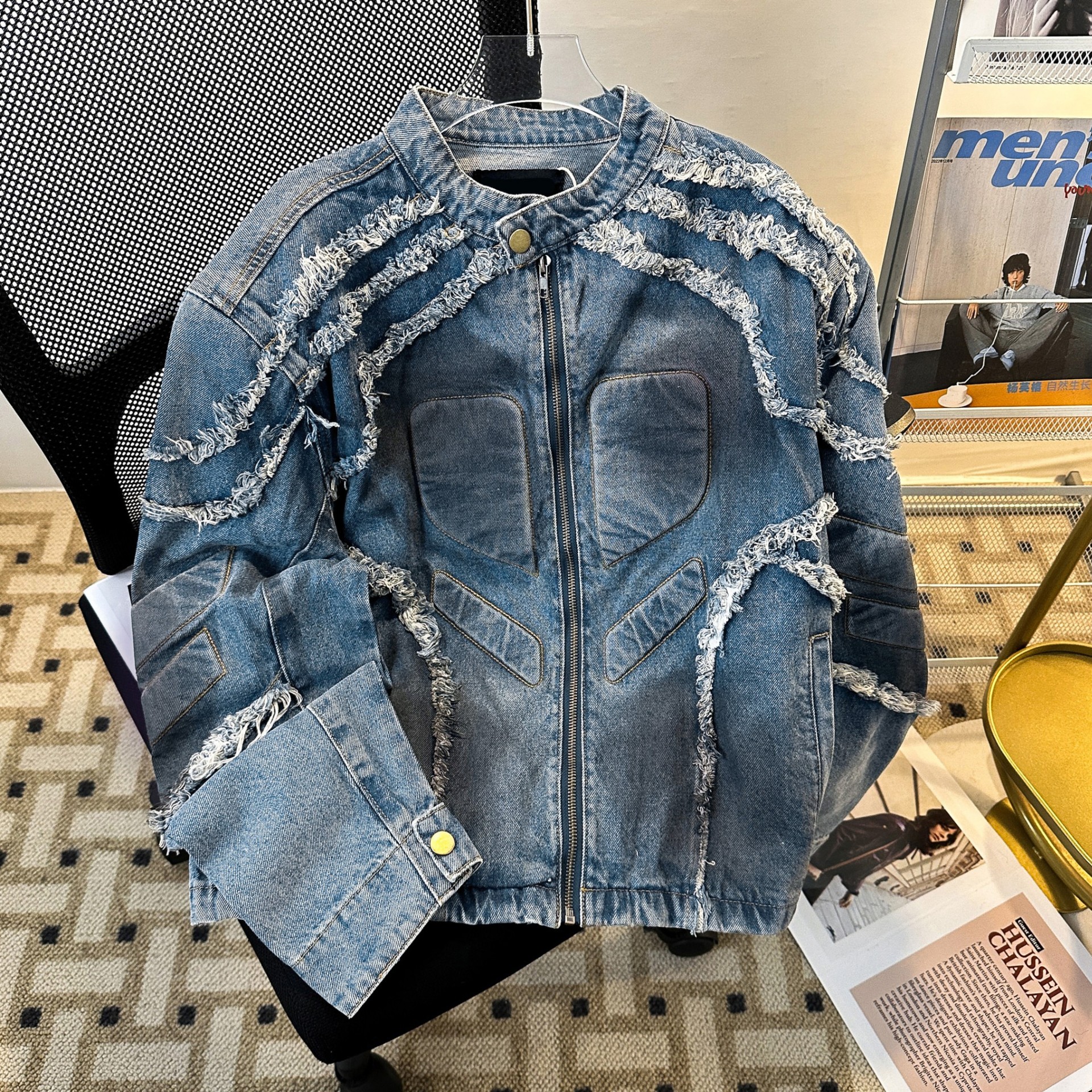 Embossed Fringed Shoulder Padded Denim Jacket, Retro And Cool Top, Stand Up Collar, Trendy Brand Motorcycle Jacket_voghion.com