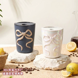 蝴蝶结陶瓷杯定制 浮雕蝴蝶随手杯吸管口水杯情侣咖啡杯粗陶杯子a