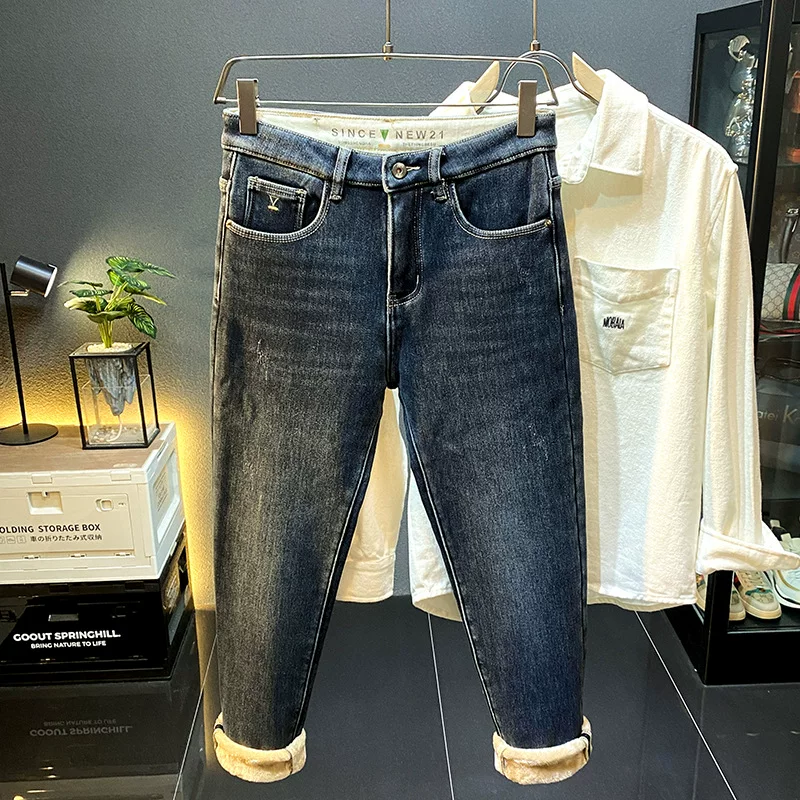Elite winter warm elastic jeans, keep warm trousers for leisure, loose straight fit