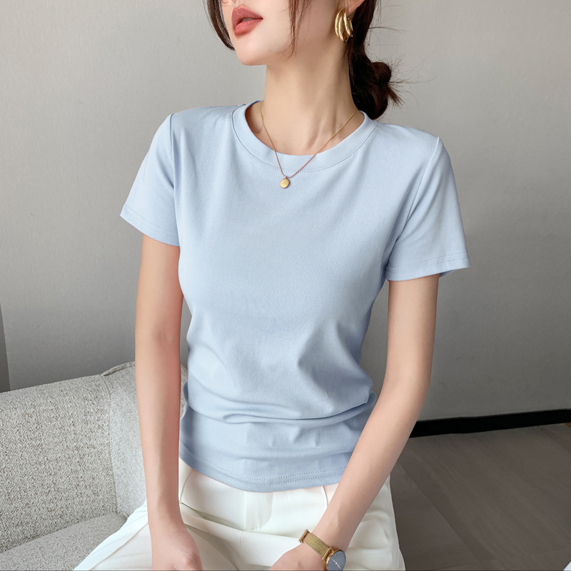 女性のための白い半袖右肩 Tシャツ 2025 夏の新しいラウンドネックスリムフィット Tシャツトップ|undefined