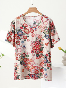 Ladieswear's Cotton Silk Top Women's Summer Loose Pullover V-Neck T-Shirt Thin Casual Floral Middle-Aged and Elderly Artificial Cotton Short-Sleeved Shirt