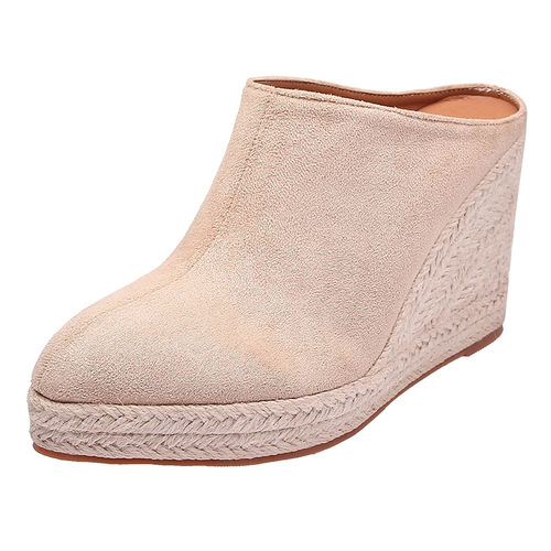 Spring and Autumn Pointed-Toe Wedge Heels with Thick Soles, Women's Closed-Toe Sandals Featuring a Hollow Back Design and Straw-Weave Hemp Rope Sole