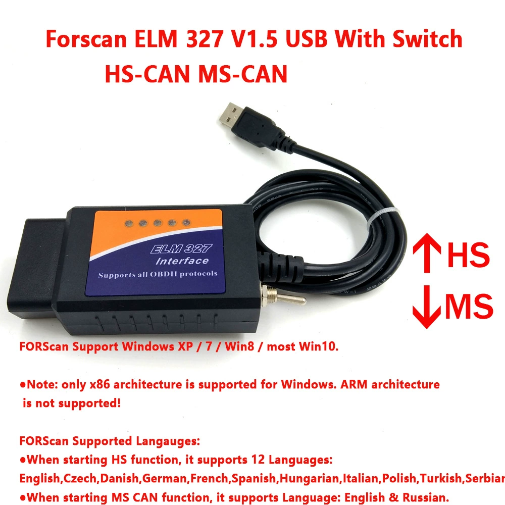 Forscan ELM 327 V1.5 USB Switch HS/MS ELM327 с переключателем OBD детектор