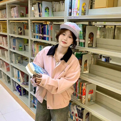 粉色棒球服外套女秋冬2025新款美式街头宽松麂皮高级翻领韩版夹克