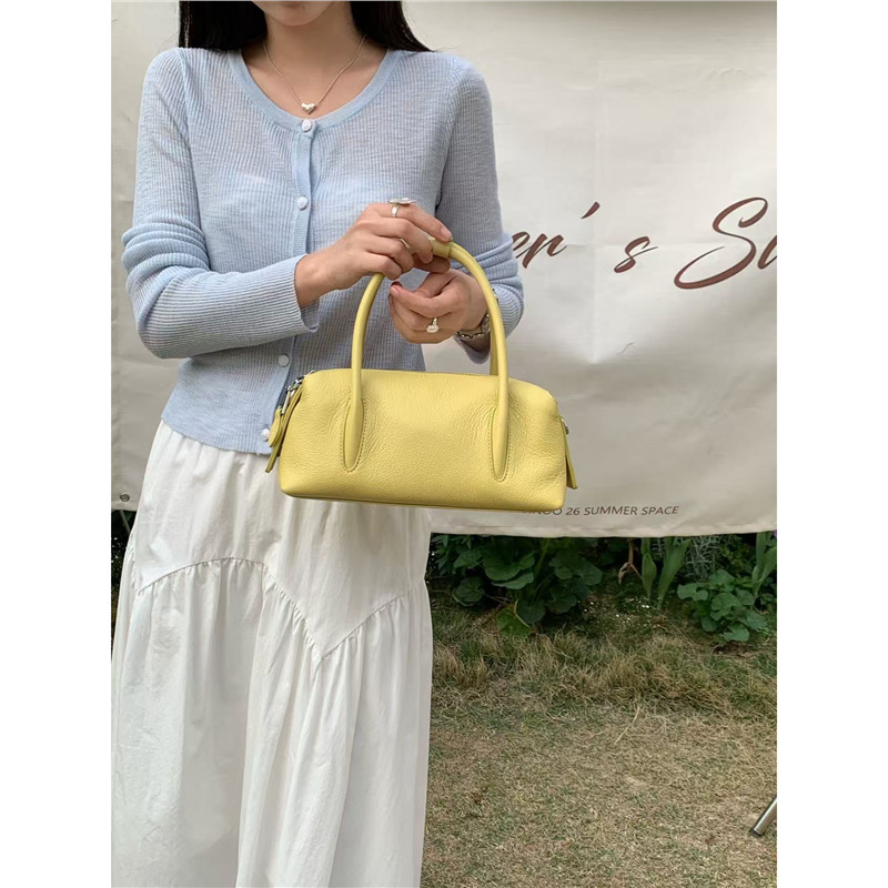 Top Grain Cowhide Lychee Grain Boston Pillow Bag For Women New Trendy Shoulder Crossbody Handbag Bowling Bag - Thumbnail 6