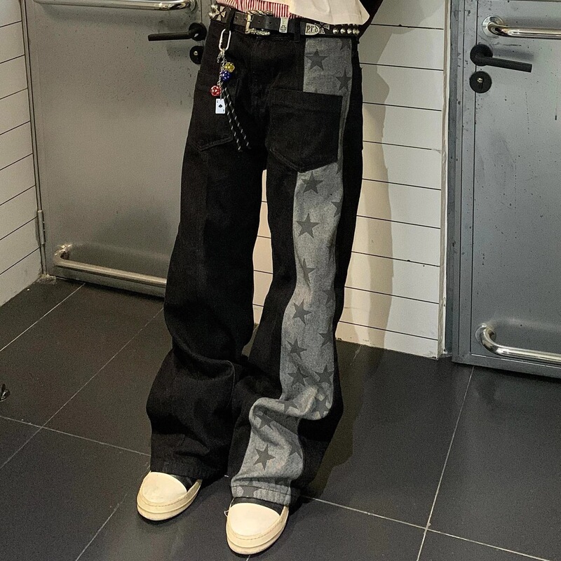 American Retro Vibe Style Black and Gray Patchwork Full-Print Star Trendy Brand Jeans for Men, Street Style Loose Straight Long Pants