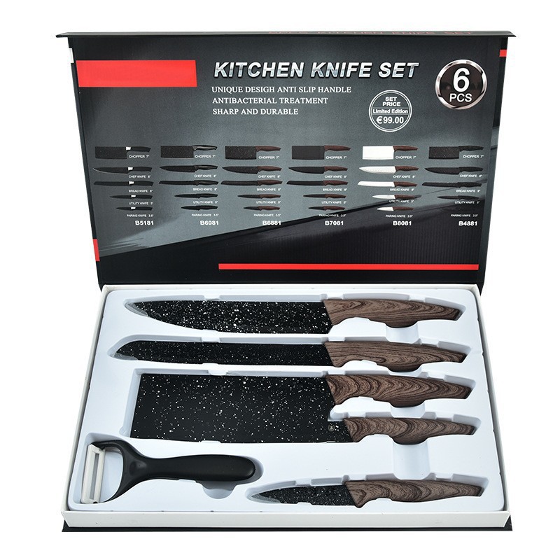 Juego de cuchillos de cocina de venta caliente, juego de caja de trabajo de seis piezas con mango de cola de golondrina de piedra médica, regalo de empresa