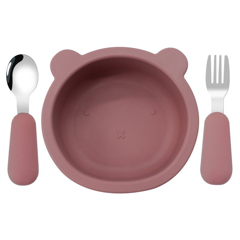 Oso para niños Tazón tenedor de silicona cuchara alimentos complementarios vajilla de alimentación resistente a las caídas suministros maternos e infantiles tazón de silicona dibujos animados oso Tazón
