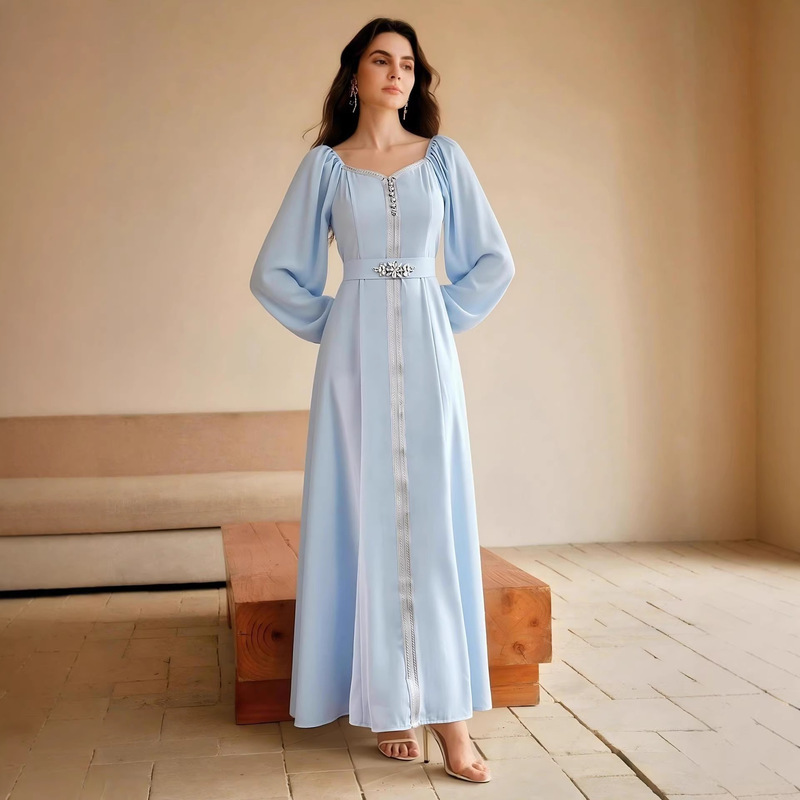 Fc-90504 Hot-Selling New Women's Clothing, Modest and Elegant Chiffon Dress with Beaded Belt, in Stock Fc-90504 Hot-Selling New Women's Clothing, Modest and Elegant Chiffon Dress with Beaded Belt, in Stock