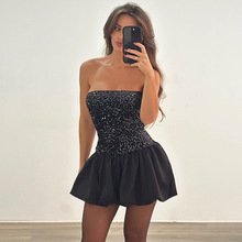 欧美女装新品2025春季亚马逊性感一字肩抹胸短裙亮片时尚连衣裙女