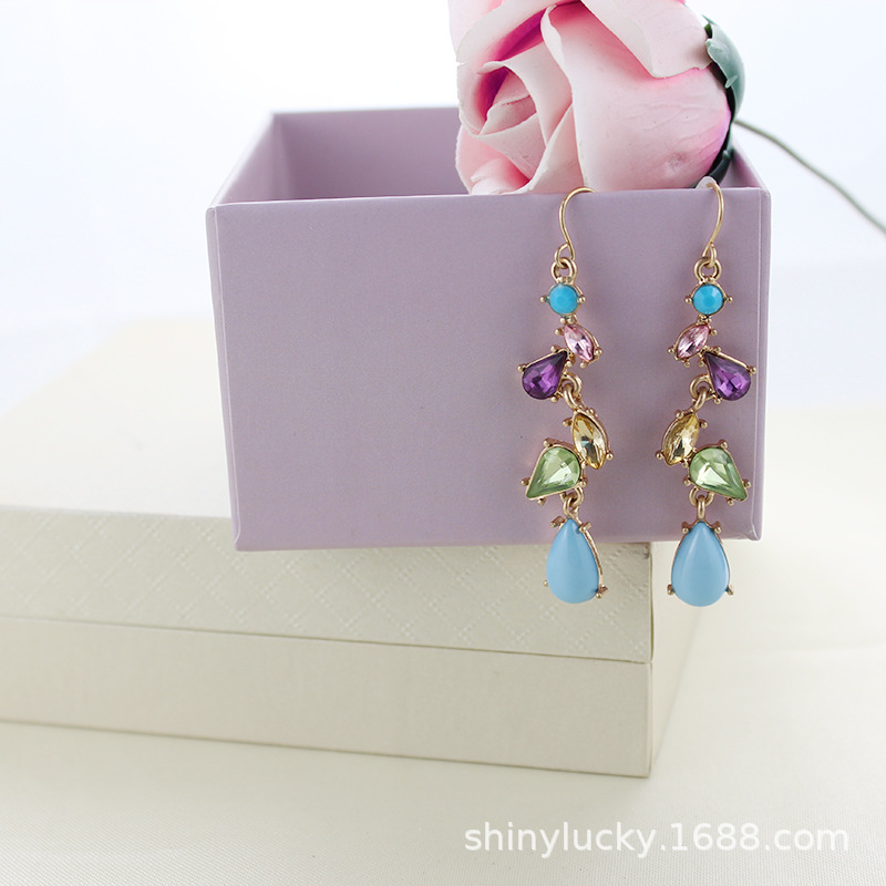 Cross-Border Colorful Diamond-Encrusted Water Drop Earrings for Women, French Style, New Style, Light Luxury, Fashionable Colorful Gemstone Earrings Wholesale