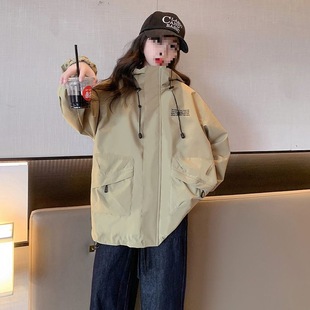 Girls' windbreaker coat 2024 spring and autumn new fashion children's frock fashion cool khaki hooded girl's charge coat