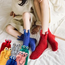 卡通大眼睛珊瑚絨襪子韓版可愛加厚保暖親子睡眠襪防滑硅膠地板襪