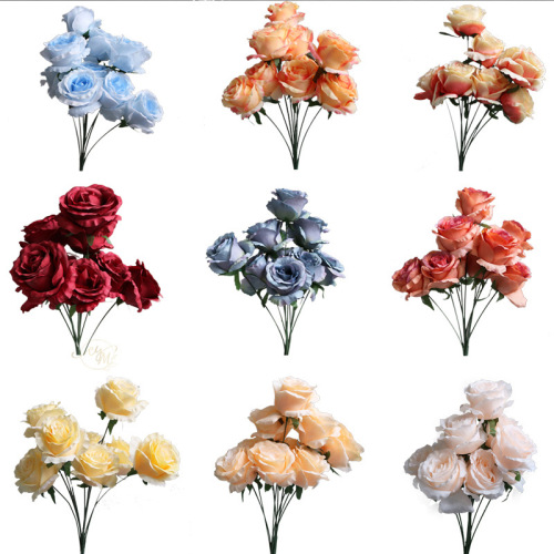 Home Decor Bouquet of 9 Artificial Roses, Living Room Dining Table Fake Flower Ornament, Wedding Floral Arrangement Silk Flower Art