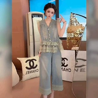 韩系V领无袖蕾丝花边牛仔马甲半身裙套装女夏季新款时尚两件套女