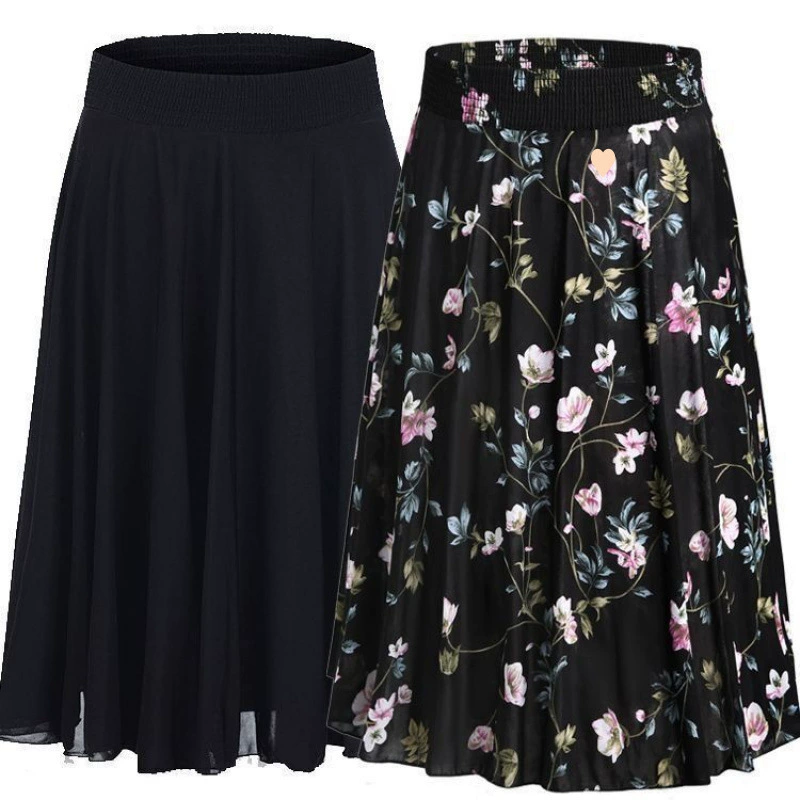 Летняя юбка средней длины, танцевальная юбка из ледяного шелка с цветочным принтом, одежда для мам, летняя плиссированная юбка средней длины, женская юбка среднего и пожилого возраста
