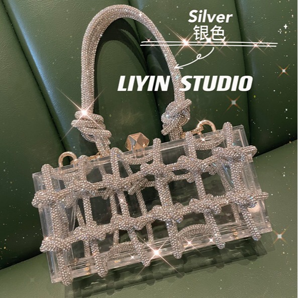 Ins Cross-border Explosions Transparent Acrylic Tying Rope Dinner Bag Shiny Inset with Rhinestone Niche Design Box Bag Ins Cross-border Explosions Transparent Acrylic Tying Rope Dinner Bag Shiny Inset with Rhinestone Niche Design Box Bag