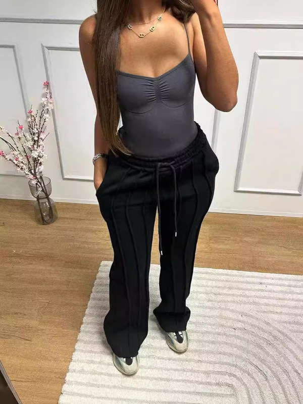 D8666 春夏新款欧美女装卫衣休闲纯色多压褶长款宽松裤亚马逊现货|undefined