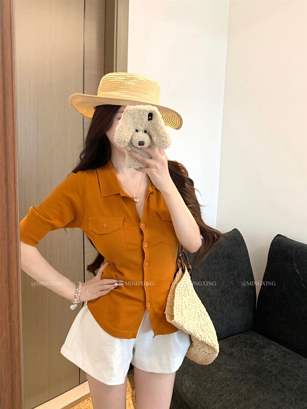 Korean-Style Orange Polo Collar Short-Sleeve Knit Top for Women, Summer Elegant Waist-Cinching Slim-Fit Versatile Single-Breasted Shirt Korean-Style Orange Polo Collar Short-Sleeve Knit Top for Women, Summer Elegant Waist-Cinching Slim-Fit Versatile Single-Breasted Shirt