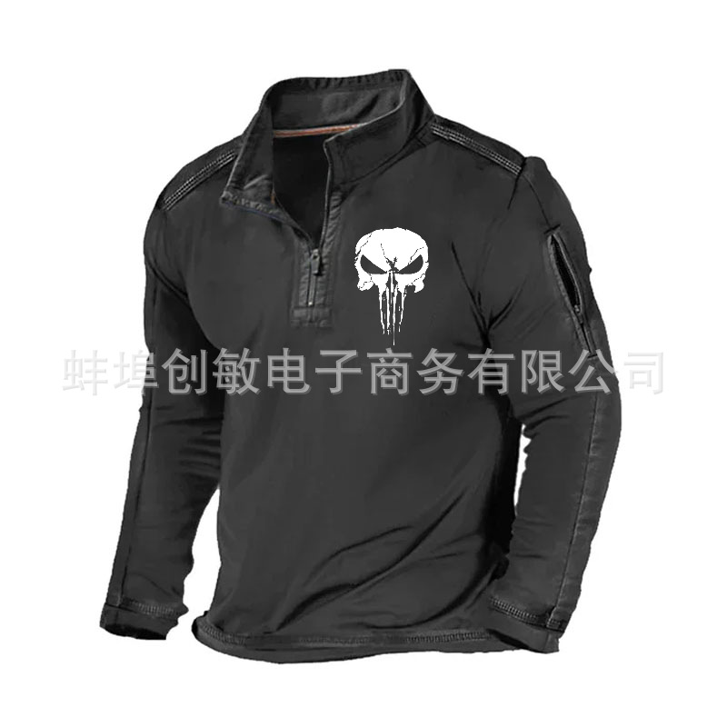 Primavera y otoño Comercio exterior más tamaño de los hombres al aire libre bolsillo con cremallera media cremallera cuello táctico de manga larga Camiseta suéter casual