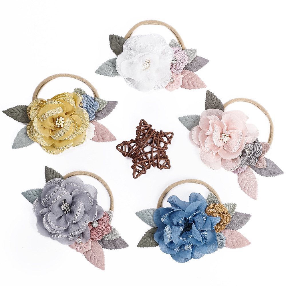 Accessori per capelli per bambini europei e americani, corda per la testa del bambino in nylon senza cuciture, combinazione di cuciture creative, cintura per capelli fini a forma di fiore, anello per capelli del bambino_voghion.com