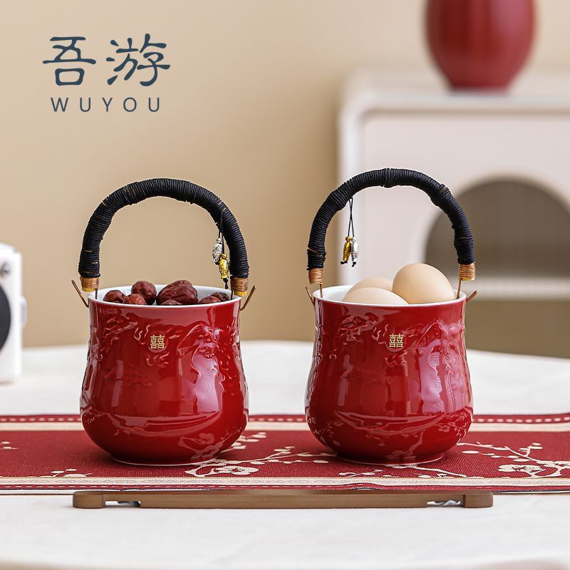吾游新婚陪嫁子孙桶中式订婚陶瓷小红桶创意摆件女方嫁妆喜庆用品|undefined