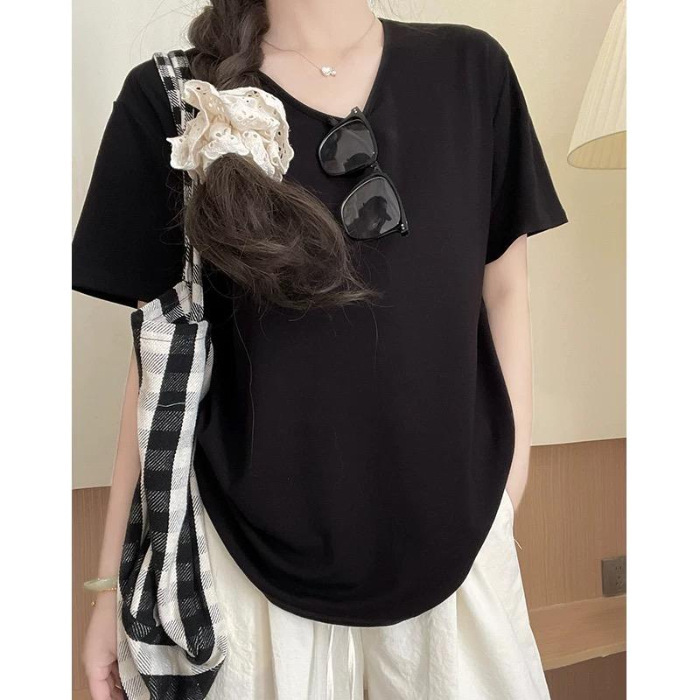 右肩Uネック白Tシャツレディース半袖2025年夏新作カジュアル無地万能ゆったりスリム半袖トップス|undefined
