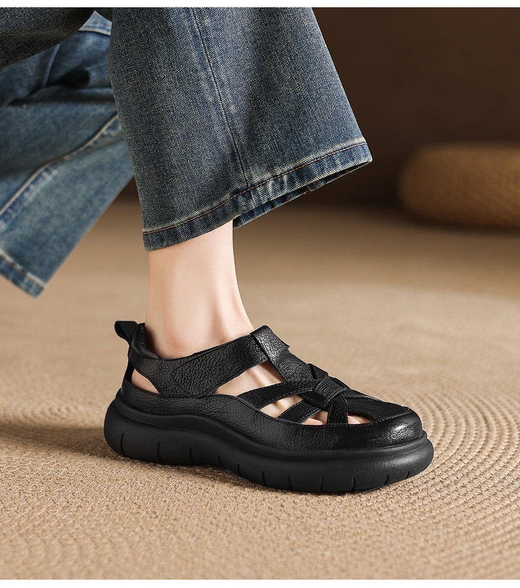 Sandal nữ đế dày da cừu phối quai ngang phong cách học đường — màu đen, màu trắng ngà chi tiết 16