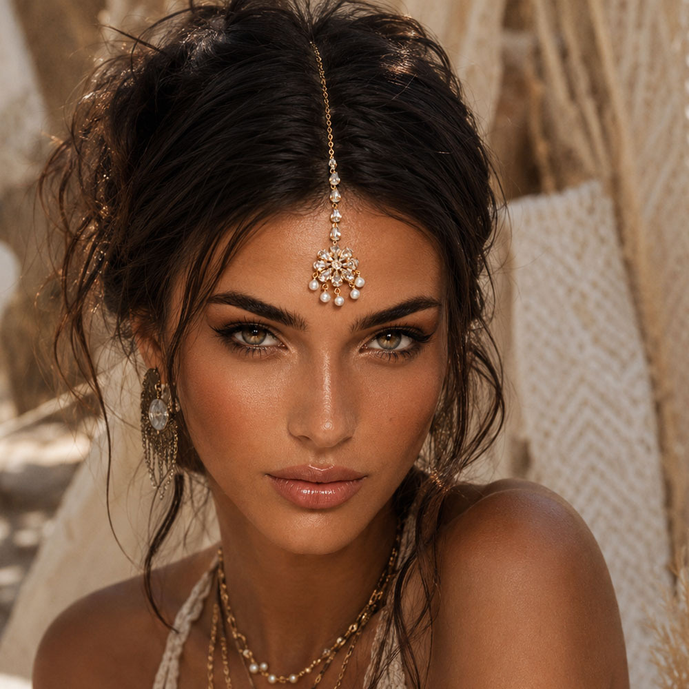 Cross-border new product: floral hair chain, pearl pendant forehead ornament, exotic ethnic style stage performance Indian bride forehead chain
