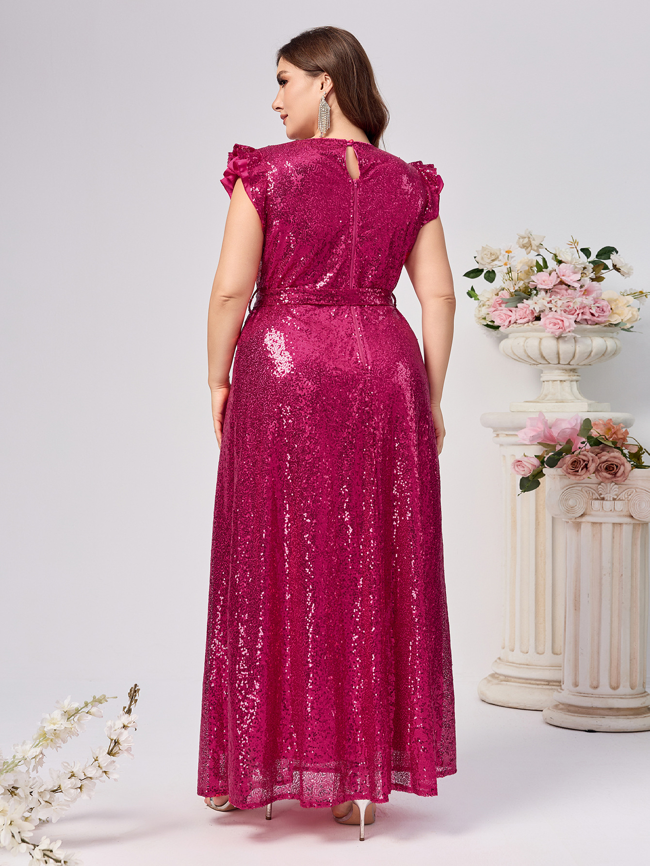 Ropa de mujer de talla grande comercio exterior nueva ropa de mujer vestido de lentejuelas sin mangas cinturón cuello redondo falda media vestido sexy fiesta