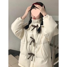 中学生小个子羽绒服女2025年新款冬季蝴蝶结可爱少女白色宽松外套