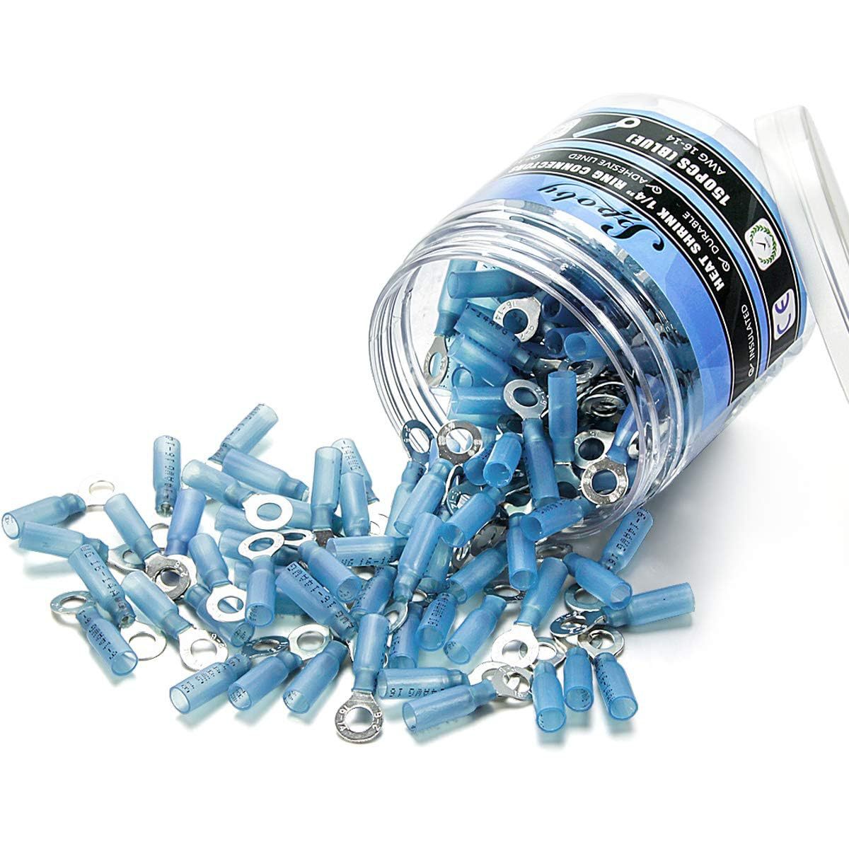 150PCS Heat Shrink Ring Connectors 1\/4" Blue 16-14 AWG