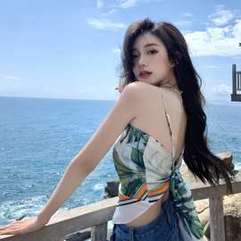 2023夏季复古辣妹方巾肚兜式丝巾抹胸上衣