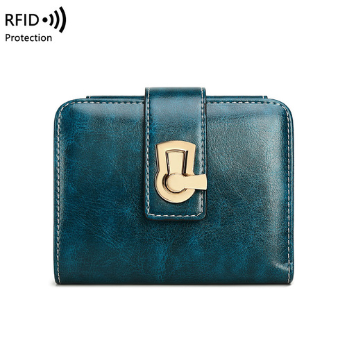 Cross-border  new RFID anti-theft brush women's zipper card holder, small wallet with lock fastener, tri-fold short wallet